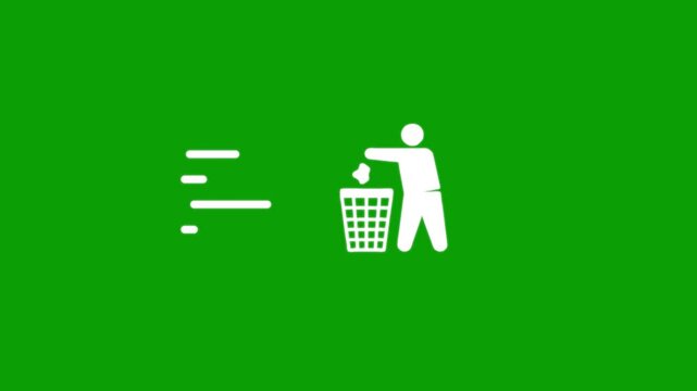 A motion graphic of a person throwing trash in a bin on a green screen, illustrating disposal and environmental responsibility.
