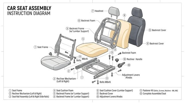 Car seat assembly instruction diagram showing parts and structure breakdown