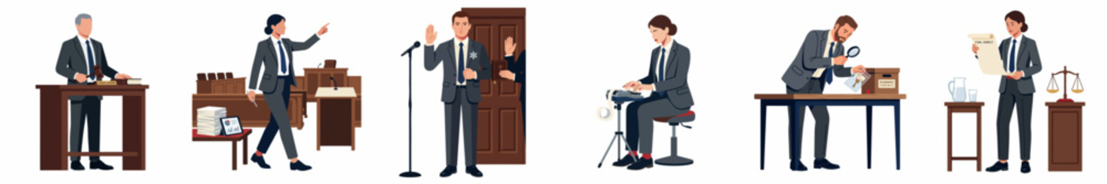 Various legal professionals and courtroom scenes including a judge, lawyer, witness, court reporter, and evidence examination in a flat illustration style.