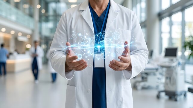 Doctor presenting a glowing abstract digital light data projection in a clean modern hospital setting with medical technology