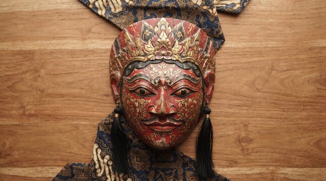 Traditional Indonesian Cirebon Mask with Batik Fabric on Wooden Background