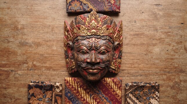 Traditional Indonesian Cirebon Wooden Mask with Batik Fabric Background