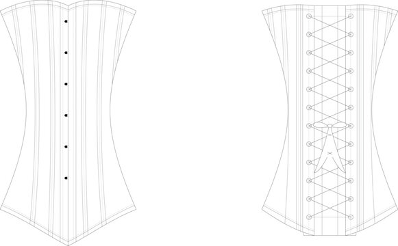 Professional technical illustration of a classic underbust corset showing detailed front busk closure and back lacing construction views