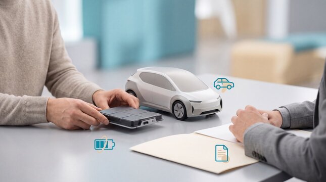 Two people discussing electric vehicle technology with a small car model and battery unit on table with two individuals