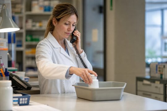 European pharmacist making a callback during hospital medication reconciliation at a verification desk