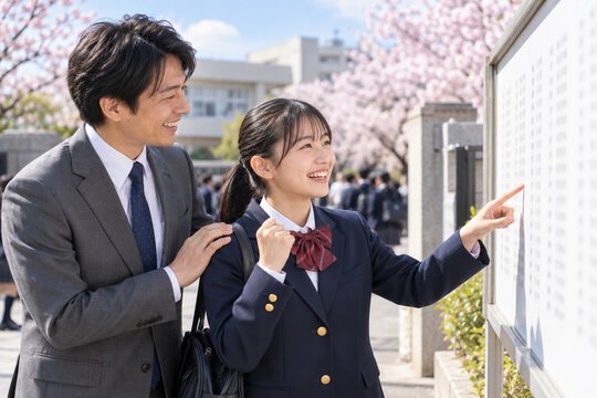 掲示を見て喜ぶ父娘