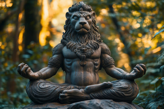 A majestic lion statue meditates in a serene forest setting.