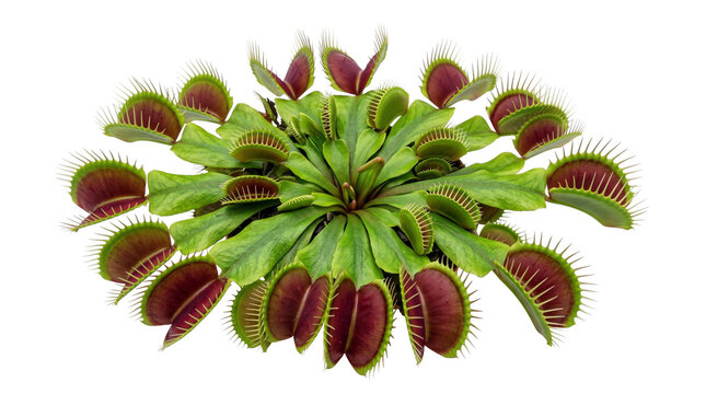 Carnivorous venus flytrap plant isolated on white background, exotic dionaea muscipula houseplant, tropical predator plant studio photography