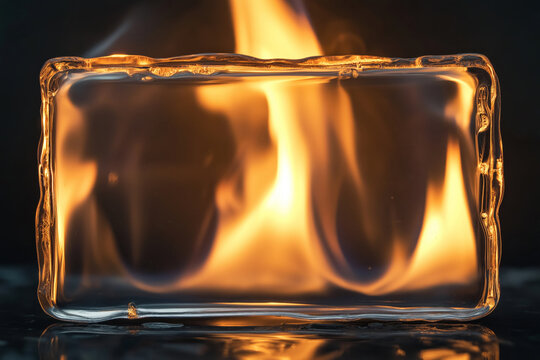 A transparent ice cube containing a bright flame against dark background.