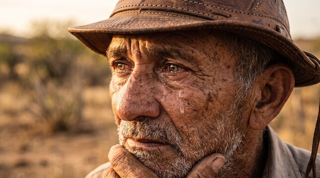 Elderly Brazilian vaqueiro farmer crying tear sertao drought