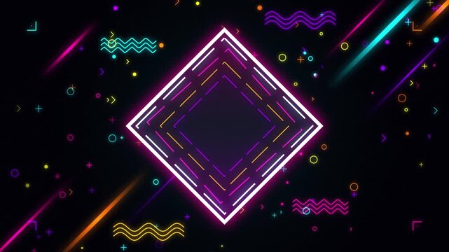 Neon geometric diamond frame motion background, with retro 80s, memphis style