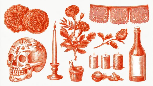 Hand drawn engraving style features sugar skulls, marigold flowers, candles, and altar items on a white background celebrating Day of the Dead.