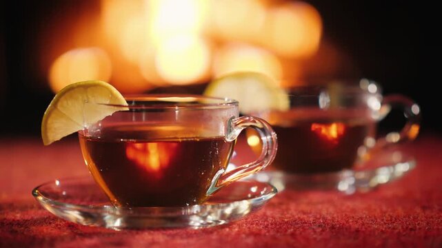 Two cups of hot tea with lemon slices in front of fireplace warm glow, cozy winter evening.