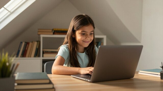 Young girl smiles while typing on laptop during homeschooling session in bright attic room with books and natural light.