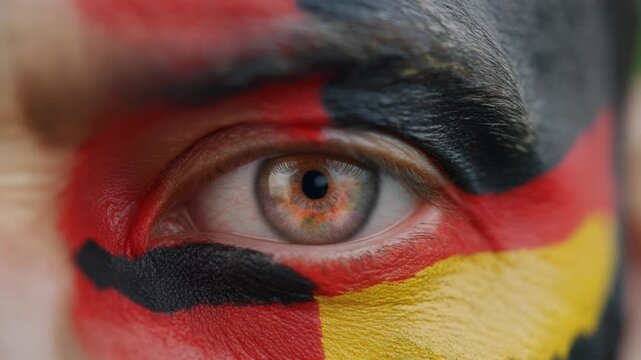 Extreme macro photorealistic footage of a fictional adult male football supporter's eye, warm brown iris with German flag face paint