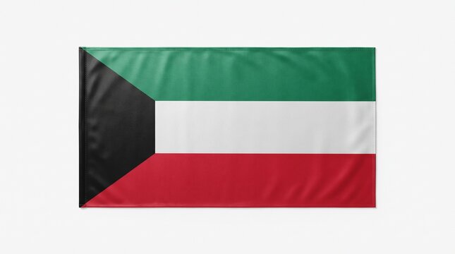 Vibrant flag of Kuwait with horizontal green white red and black stripes isolated on white