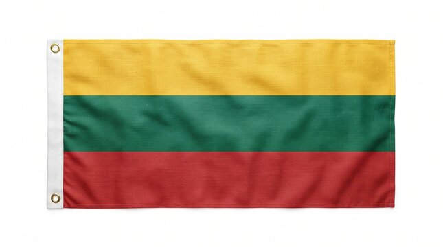Vibrant horizontal striped flag of Lithuania on white background with frayed edges