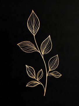 黒い背景に金色の葉の線画が描かれているデザイン。装飾や背景素材として使える植物イラスト