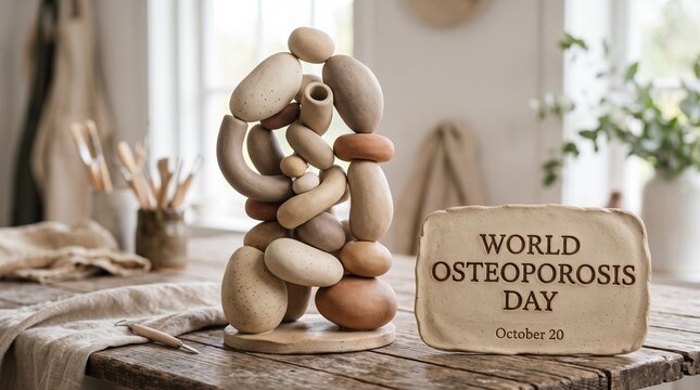 Stone balance sculpture with world osteoporosis day sign bone health stacked stones health awareness medical awareness bone density osteoporosis prevention physical therapy still life