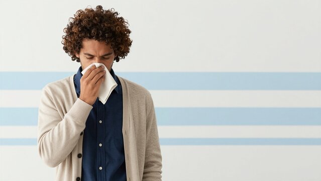 A stressed businessman with curly hair wipes his nose with a tissue against a striped wall background.