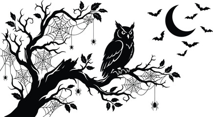 Fototapeta premium Halloween owl on a spooky tree with cobwebs and bats under a crescent moon