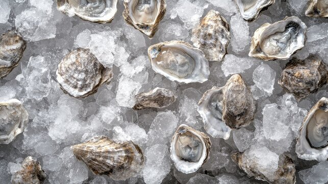 The image features a collection of oysters arranged on a bed of crushed ice