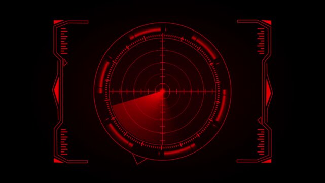 Digital radar interface scanning process with rotating beam showing target tracking motion graphics isolated on black background for military simulation and data analysis display.