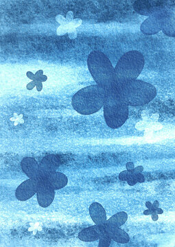 Blue watercolor floral background with simple flower shapes and textured brushstrokes, creating a dreamy handmade aesthetic for stationery, posters, invitations, fabric and creative designs.