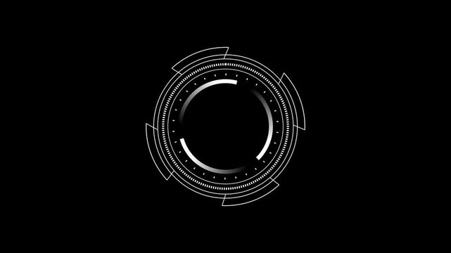 Futuristic white circle hud user interface animation on black background representing technology data processing screen with glowing rotating digital elements and sci fi motion.