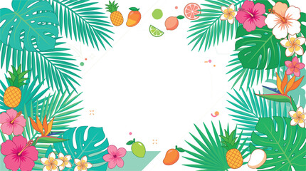 Tropical aloha hibiscus flower and monstera leaf colorful vector border frame background with blank center copy space and fresh exotic fruits © Mdmojaharul