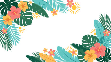 Tropical aloha hibiscus flower and monstera leaf colorful vector border frame background with blank center copy space © Mdmojaharul