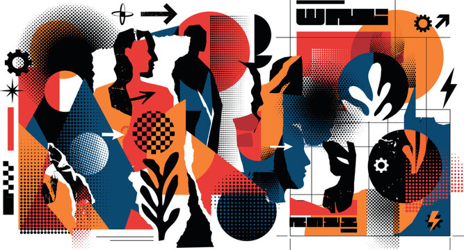 Abstract constructivist geometric collage vector background with Bauhaus human profiles technical grids and organic botanical shapes