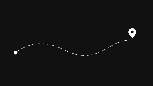 Animated dashed route line leading to map pin location on dark background. White navigation path with arrow and destination marker. Minimal travel and map concept. GPS and logistics icon design.