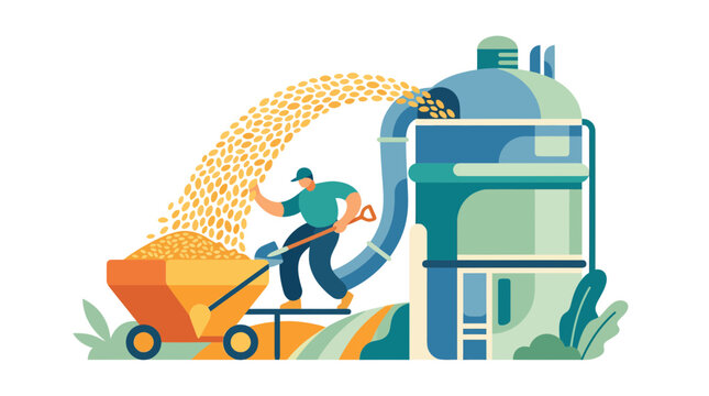 Farmer Loading Grain into Industrial Silo with Shovel