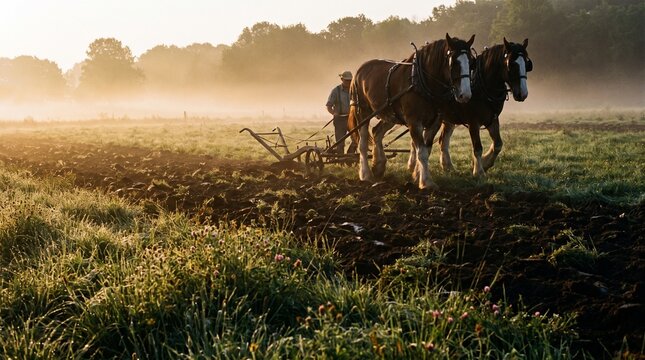 Draft horses pulling a plough