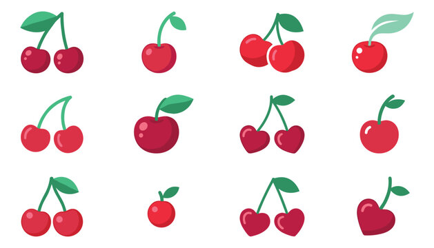 Red cherry fruit collection set with various fresh double and single cherries cartoon vector illustrations isolated on white background