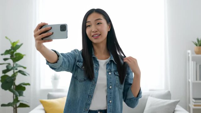 Indoor women take selfies with their phones, girls take selfies at home