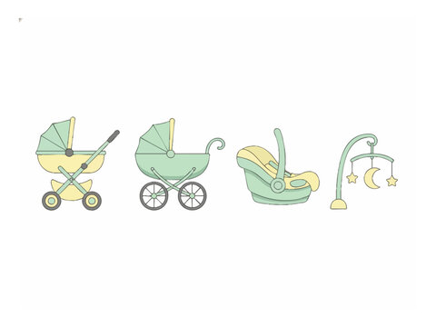 Baby stroller modern folding pram carriage and infant nursery transport set, isolated on white background