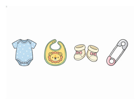 Baby clothes cotton onesie bodysuit feeding bib and diaper safety pin set, isolated on white background