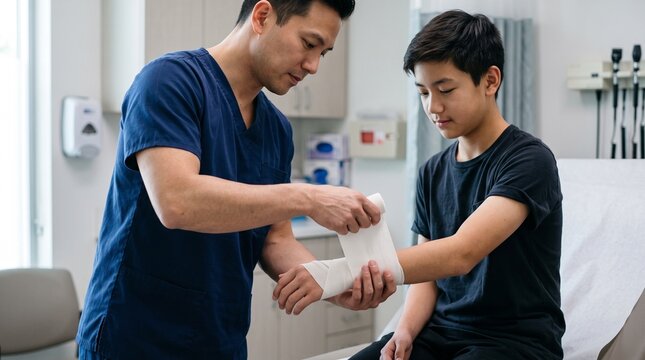 Asian male nurse in blue scrubs applying a compression bandage to the wrist of a young patient in a modern medical clinic or hospital room.