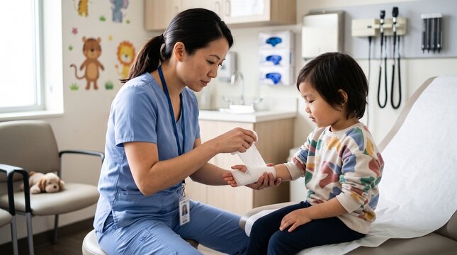 Caring Asian female pediatric nurse in blue scrubs applying a white gauze bandage to the injured hand of a young child in a bright clinic examination room.