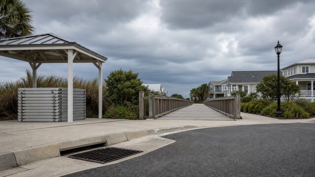 Community flood preparedness neighborhood with a clear drain and raised walkway beside sheltered barriers