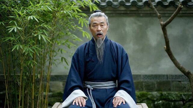 An elderly man in ancient costume raises his hand to explain in the courtyard, and the elderly preach and teach
