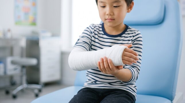 Young Asian boy with a broken arm sitting in a hospital room wearing a white plaster cast on his forearm for bone fracture recovery and medical care.