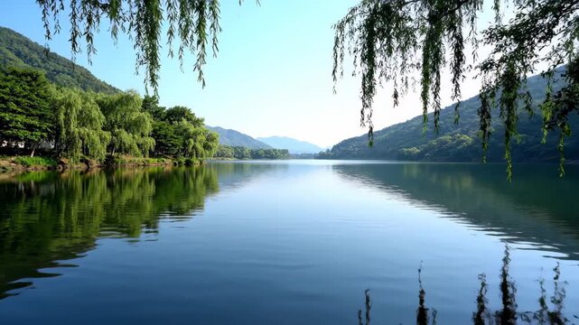 Weeping willows between the mountains and rivers reflect the lake view, and weeping willows by the lake reflect the mountain view
