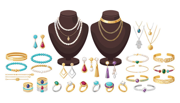 Luxury jewelry collection set featuring diamond rings pearl necklaces gold bracelets gemstones and elegant earrings vector illustrations isolated on white