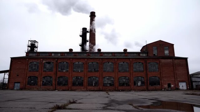 Panoramic view of the red brick factory building and chimney, smoke coming from the chimney of the red brick factory