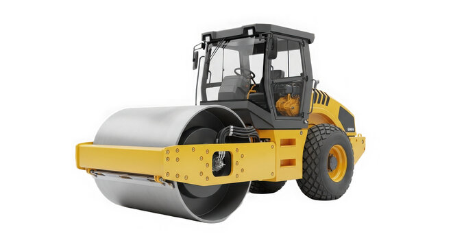 Yellow road roller isolated with shown three quarter perspective on transparent background