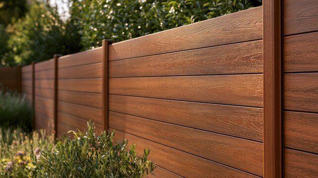 A modern composite horizontal fence panel in warm teak tone set in a residential garden filled with lush greenery under bright midday light.