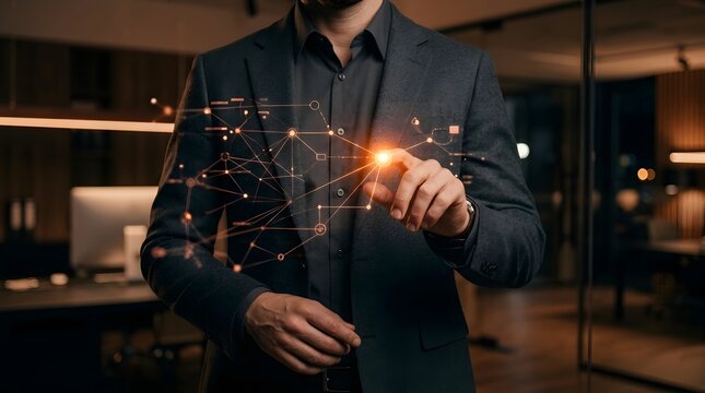 Businessman in suit pointing at a floating digital data visualization network in an office with businessman technology business